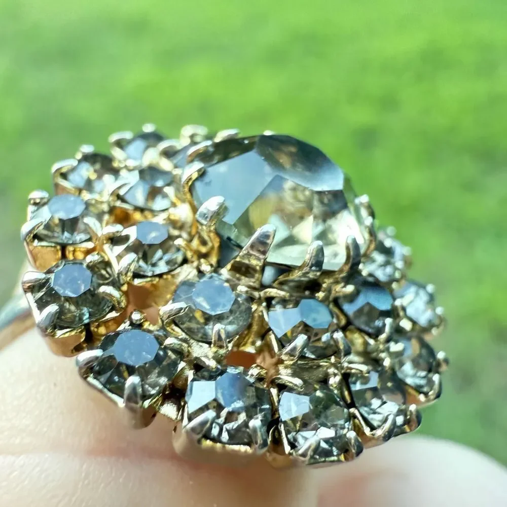 VINTAGE ADJUSTABLE SILVER RING WITH LARGE ROUND CRYSTAL CLUSTER – STATEMENT JEW
